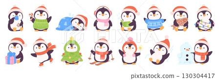 Christmas holiday penguins. Penguin in santa hat, cartoon south pole birds in xmas decorations. Funny winter seasonal characters, racy vector animals Christmas holiday penguins. Penguin in santa hat, cartoon south pole birds in xmas decorations. Funny winter seasonal characters, racy vector animals 130304417