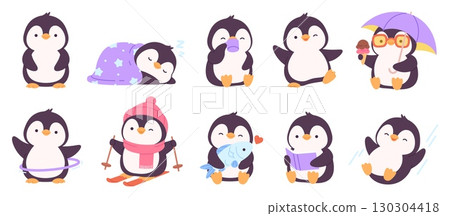 Cute penguin characters. Funny happy penguins in different situations. South pole animals, exotic birds eating ice cream, skiing, reading book, racy vector set Cute penguin characters. Funny happy penguins in different situations. South pole animals, exotic birds eating ice cream, skiing, reading book, racy vector set 130304418