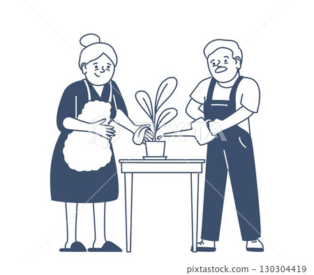 Doodle old woman planting. Happy senior couple taking care of flower in home garden. Joint leisure and activities for elderly, grandparents recent vector scene Doodle old woman planting. Happy senior couple taking care of flower in home garden. Joint leisure and activities for elderly, grandparents recent vector scene 130304419