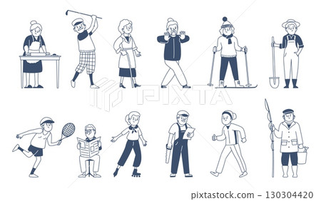 Old people hobby. Elderly characters play golf and tennis, reading newspaper, cooking, skiing, gardening. Seniors different hobbies, recent vector set Old people hobby. Elderly characters play golf and tennis, reading newspaper, cooking, skiing, gardening. Seniors different hobbies, recent vector set 130304420