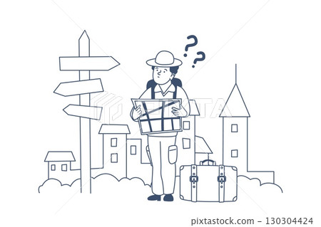 Lost traveler. Tourist with backpack stand with map near destination sign in new city. Man got lost, person looking way to home or hotel, recent vector scene 130304424