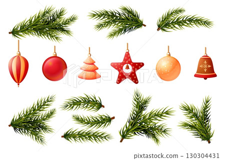 Cartoon christmas toys and fir tree green branches. Isolated decorations for xmas, glass retro toy ball star bell. New year holiday vector clipart Cartoon christmas toys and fir tree green branches. Isolated decorations for xmas, glass retro toy ball star bell. New year holiday vector clipart 130304431