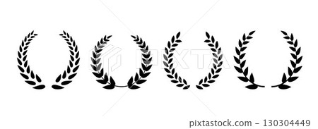 Set of black retro laurel wreath. Circle winner trophy decor elements for emblem, label, badge, award banner. Round branches with leaves collection. Vintage Greek olive foliate ornaments pack. Vector 130304449
