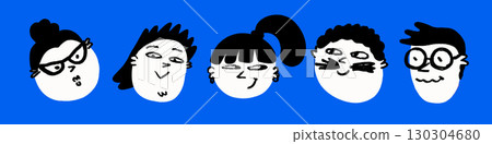 Doodle emoji in crayon style with funny expressions on blue background. Face smile icons in playful sketch vector look. Great for stickers, social media, kids design 130304680