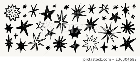Black crayon star set hand drawn with pencil texture in various shapes and doodle styles. Crayon star set illustration for stickers, fabric, print, posters Black crayon star set hand drawn with pencil texture in various shapes and doodle styles. Crayon star set illustration for stickers, fabric, print, posters 130304682
