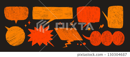 Crayon speech bubble set in orange and red on dark background with spooky texture. Halloween cartoon talk and speech vector. Use for stickers, party decor, comics, spooky prints 130304687