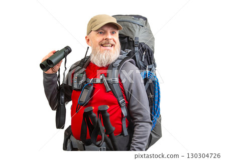 Outdoor adventurer prepares for hiking with backpack and gear in a bright, cheerful setting 130304726
