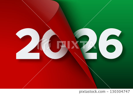 White numbers 2026 with curled paper effect in red and green colors. Concept of New Year greeting 130304747