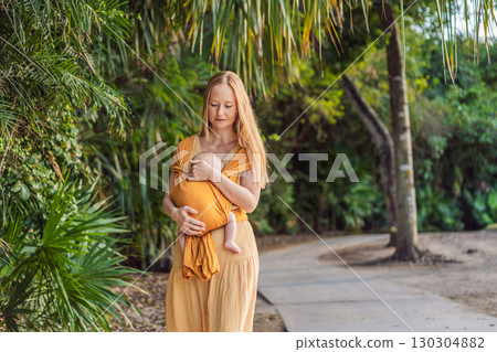 Mother holding her little baby in a yellow sling in the park. Warm and loving family moment. Babywearing, parenting, and mother-child bonding concept 130304882