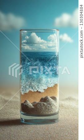 Ocean in a glass with sandy beach and waves under blue sky, surreal artwork 130304884