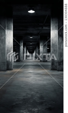 Dimly lit concrete pillars in an empty underground parking lot 130304888