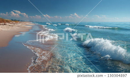 Serene beach with gentle waves under a blue sky and puffy clouds, coastal seascape 130304897