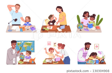 Parents help homework. Teacher teach school children, mother father study home work together kids parent assist tutor dad mom learning child education, classy vector illustration Parents help homework. Teacher teach school children, mother father study home work together kids parent assist tutor dad mom learning child education, classy vector illustration 130304908