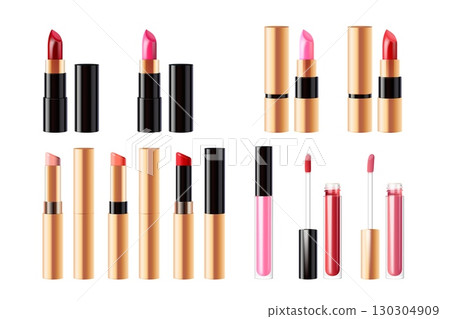 Realistic lipstick. Lip balms and glosses cosmetics product mockup, red pink tint lip stick black container fashion makeup cosmetic package, 3d isolated exact vector illustration Realistic lipstick. Lip balms and glosses cosmetics product mockup, red pink tint lip stick black container fashion makeup cosmetic package, 3d isolated exact vector illustration 130304909