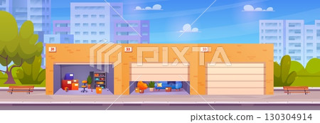 Self storage unit. Street warehouse with moving things, lot junk storage container garage space numbered units storehouse room cartoon exterior city background vector illustration 130304914