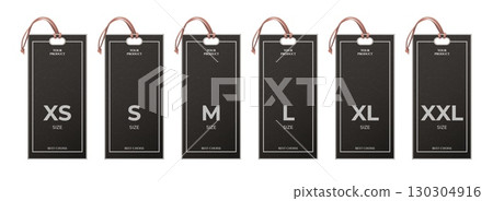 Realistic size tags. Black labels for premium clothes store, tag mockup with leather rope string small large medium extra xs s l xl xxl sizes luxury design 3d vector illustration 130304916