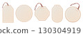 Realistic clothes tags. Blank tag mockup with leather rope string, hanging craft paper label for gift price text clothe sticker sale shop discount 3d icons set vector illustration 130304919