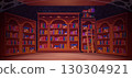 Old library interior. Library dark night room inside medieval castle, bookcase books on shelf bookshelf of magic school university abandoned bookshop cartoon vector illustration 130304921