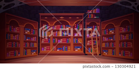 Old library interior. Library dark night room inside medieval castle, bookcase books on shelf bookshelf of magic school university abandoned bookshop cartoon vector illustration Old library interior. Library dark night room inside medieval castle, bookcase books on shelf bookshelf of magic school university abandoned bookshop cartoon vector illustration 130304921