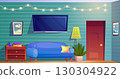 Living room interior. Comfortable sofa couch and tv inside house, empty livingroom for lounge home relax festive garland on wall indoor background vector illustration 130304922