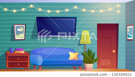 Living room interior. Comfortable sofa couch and tv inside house, empty livingroom for lounge home relax festive garland on wall indoor background vector illustration 130304922