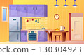 Kitchen cartoon interior. Cozy cooking room background, house furniture refrigerator dining table with fruit food cupboard stove hanging utensils yellow wall vector illustration 130304923