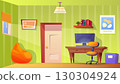 Home office interior. Cartoon house room for remote work, computer desk chair at table relax gaming online study place freelance job workplace inside green wall vector illustration 130304924