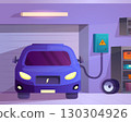 Home car charger. Ev charging station point inside garage room in house, hybrid electric vehicle eco energy power auto charge parking cartoon interior vector illustration 130304926