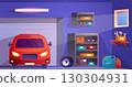 Car inside garage. Home parking workshop automotive room indoor house cartoon interior, tool storage cabinet shelves auto mechanic repair red family vehicle vector illustration 130304931