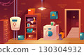 Boiler room. Home laundry cartoon interior, hvac pipe plumbing warm water system washing machine detergent on cabinet shelf house staircase in basement cellar vector illustration 130304932
