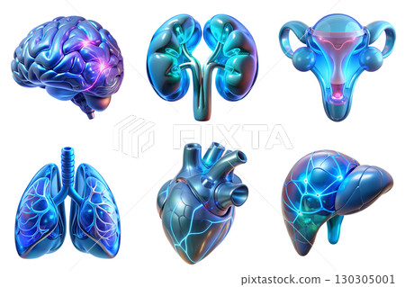 Anatomical 3d renderings of futuristic human organs, glowing cybernetic sci-fi medical concept 130305001