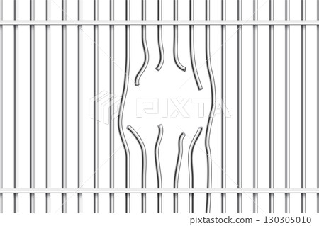 Broken prison bars with wide hole. Bent and torn metal rods forming escape gap. Concept of jailbreak, freedom, or prison break. Realistic vector illustration 130305010