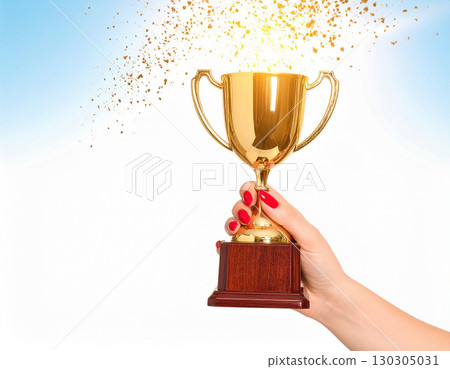 Woman's hand holding a trophy against a blue and white background with confetti flying Woman's hand holding a trophy against a blue and white background with confetti flying 130305031