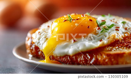 Macro shot of a sunny-side-up fried egg with a golden yolk and crispy edges, garnished with a fresh herb leaf 130305109