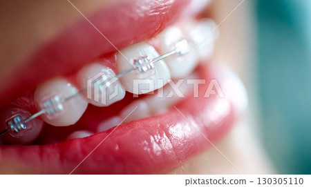 Close-up of a smiling mouth with clear braces on white teeth, highlighting dental care and orthodontic treatment 130305110