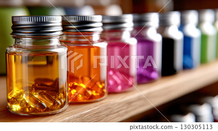 Rows of glass jars filled with colorful vitamin capsules and supplements neatly arranged on a wooden shelf 130305113