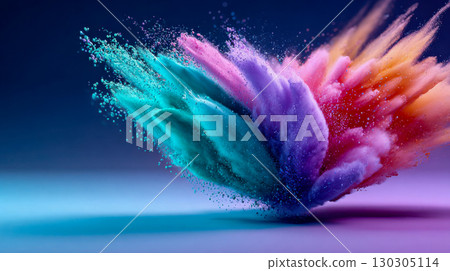 Burst of vibrant pink, purple, and turquoise powder creating a dramatic abstract splash effect 130305114