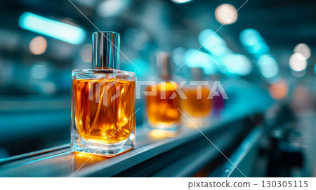 Elegant amber glass perfume bottles on a production line under bright factory lights 130305115