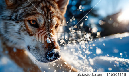 Close-up of a wolf in snowy wilderness with snowflakes scattered on its face, captured in dynamic detail 130305116