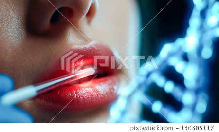 Close-up of DNA swab test inside a young woman mouth with glowing helix illustration 130305117