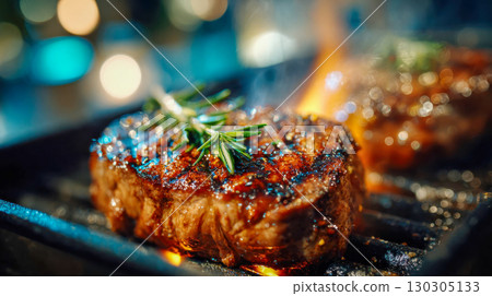 Juicy grilled steak on a barbecue pan with flames and rosemary garnish in sharp focus 130305133