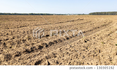 Farm field after harvest. Plowed land after harvesting turnips and radishes and farm in the background. 130305192