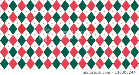Christmas rhombus seamless pattern. Red and green xmas plaid texture with gold line. Argyle geometric diamond pattern. Christmas abstract wrapping bg. Vector illustration isolated on white background 130305244
