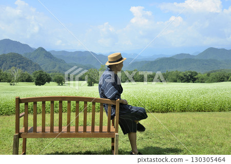 一位老人在蕎麥田的長椅上休息 一位老人在蕎麥田的長椅上休息 130305464