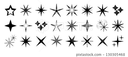 Stars and sparkles black futuristic icon set, vector monochrome sparks sign collection, retro abstract y2k flash symbols, different shining shapes with various patterns Stars and sparkles black futuristic icon set, vector monochrome sparks sign collection, retro abstract y2k flash symbols, different shining shapes with various patterns 130305468