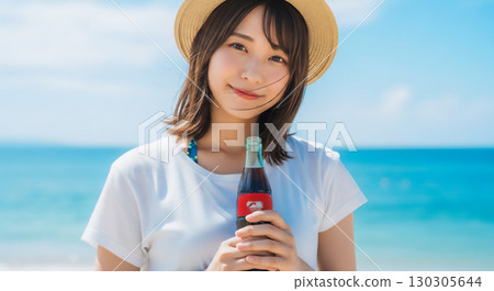 A woman refreshing herself at the beach in summer 130305644