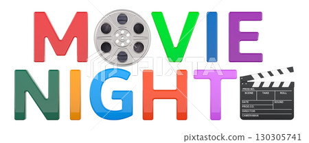 Movie Night colorful letters with film reel and clapperboard. 3D rendering 130305741