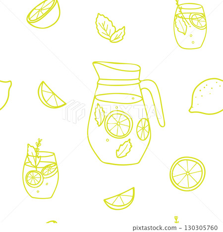 Lemonade seamless graphic pattern in minimalistic style. Hand drawn Doodle illustration of Lemonade Jug and Glasses, Lemon slices and mint in lemon color. For paper, menu, fabric prints. 130305760