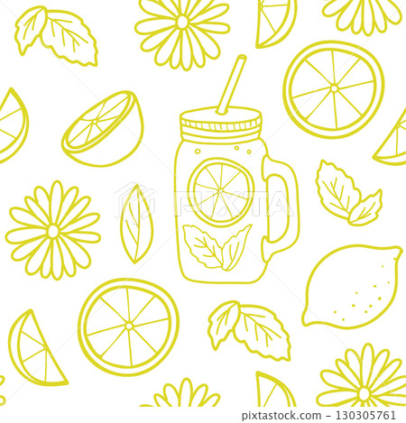 Summer seamless vector pattern with lemon, mint, lemonade Mason jar and Daisy Flower. Hand drawn Doodle illustration in yellow colors. For paper, menu, fabric prints. 130305761