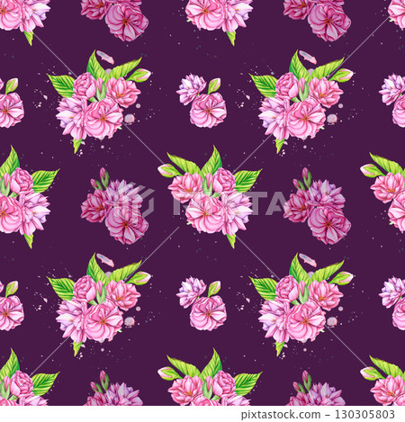 Pink flowers Seamless Pattern. Watercolor botanical background of Pink cherry blossom flowers. Pattern with Japanese flowers in spring. Botanical wallpaper of Sakura flowers for your designs Pink flowers Seamless Pattern. Watercolor botanical background of Pink cherry blossom flowers. Pattern with Japanese flowers in spring. Botanical wallpaper of Sakura flowers for your designs 130305803